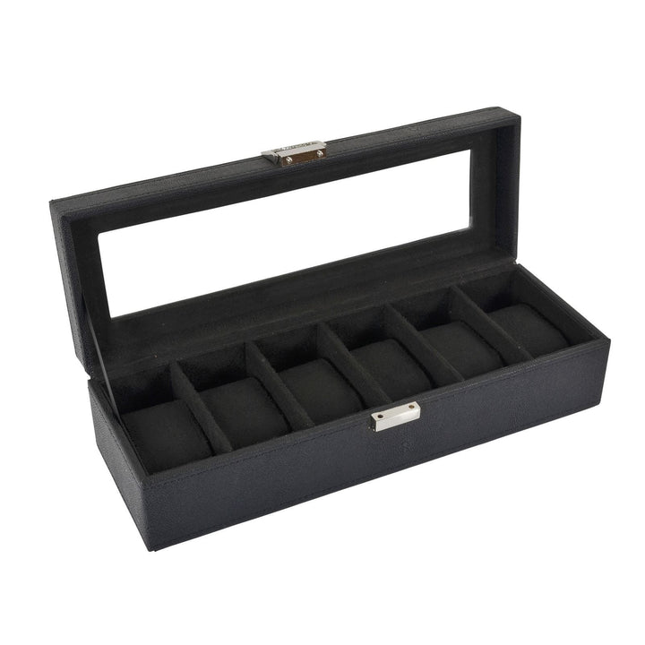 Faux Leather Display Box For 6 Watches With Glass Window Black