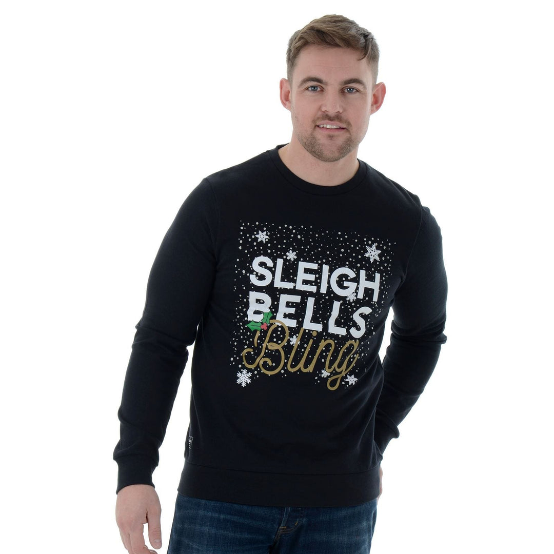 Mens Novelty Christmas Jumper Sweatshirt Sleigh Bells Bling Black / L