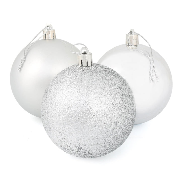 9 x 8cm Christmas Tree Baubles Matte Glitter Mirrored Styles Silver