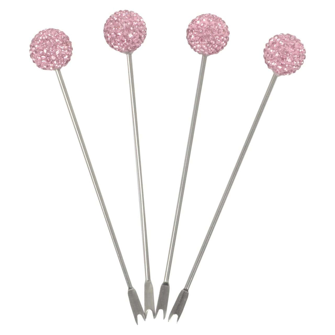 Set of 4 Stainless Steel Picks Party Food Cocktail Olives Pink Diamante