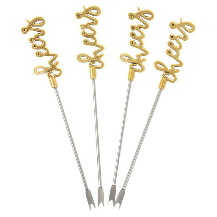 Set of 4 Stainless Steel Picks Party Food Cocktail Olives Gold Cheers