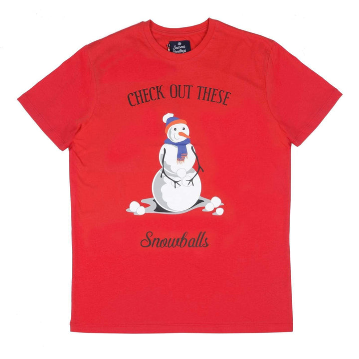 Mens Red Christmas T-Shirt With Funny Snowman Print S