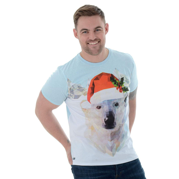 Mens Novelty Cotton Polar Bear Christmas T-Shirt Tee Light Blue / L