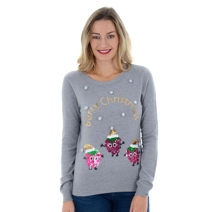 Womens Novelty Sequin Raspberry Christmas Jumper Grey / 8