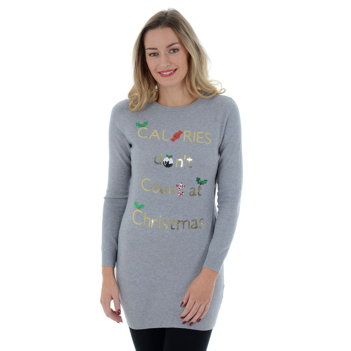 Womens Novelty Calories Don't Count At Christmas Tunic Jumper Grey / 8