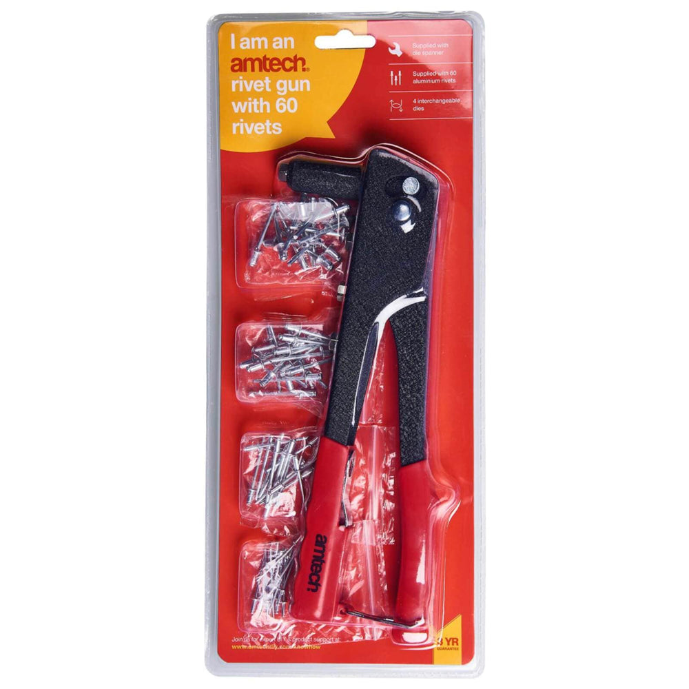 Amtech Rivet Gun With Interchangeable Nozzles And 60 Rivets