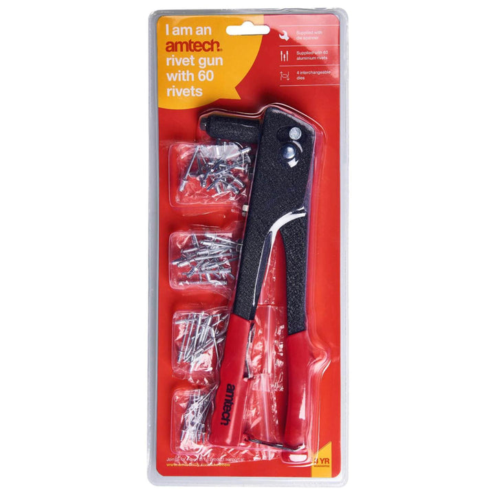 Amtech Rivet Gun With Interchangeable Nozzles And 60 Rivets