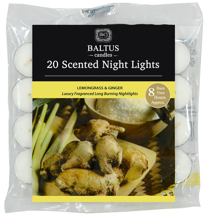 Baltus 20 Pack of Scented Tealight Night Lights Candles 8hr Burn Lemongrass & Ginger