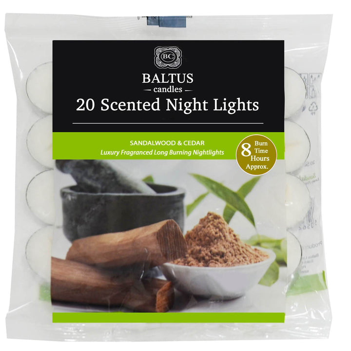 Baltus 20 Pack of Scented Tealight Night Lights Candles 8hr Burn Sandalwood & Cedar