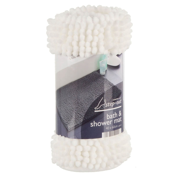 Step-Out Bath &amp; Shower Mat Shaggy Noodle Pile Fibre Non-Slip 40 x 60cm / White