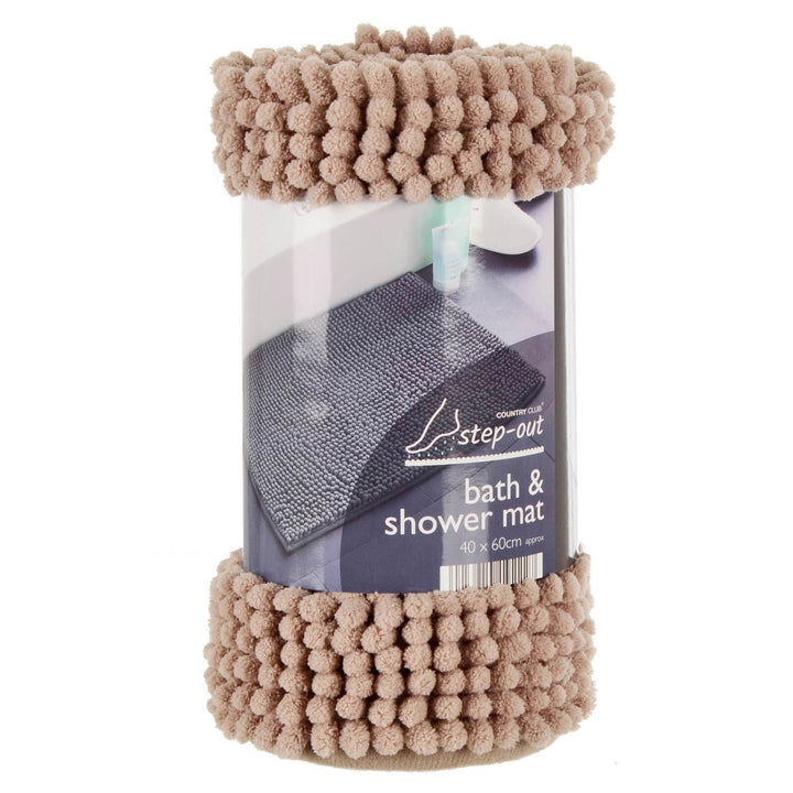 Step-Out Bath &amp; Shower Mat Shaggy Noodle Pile Fibre Non-Slip 40 x 60cm / Natural