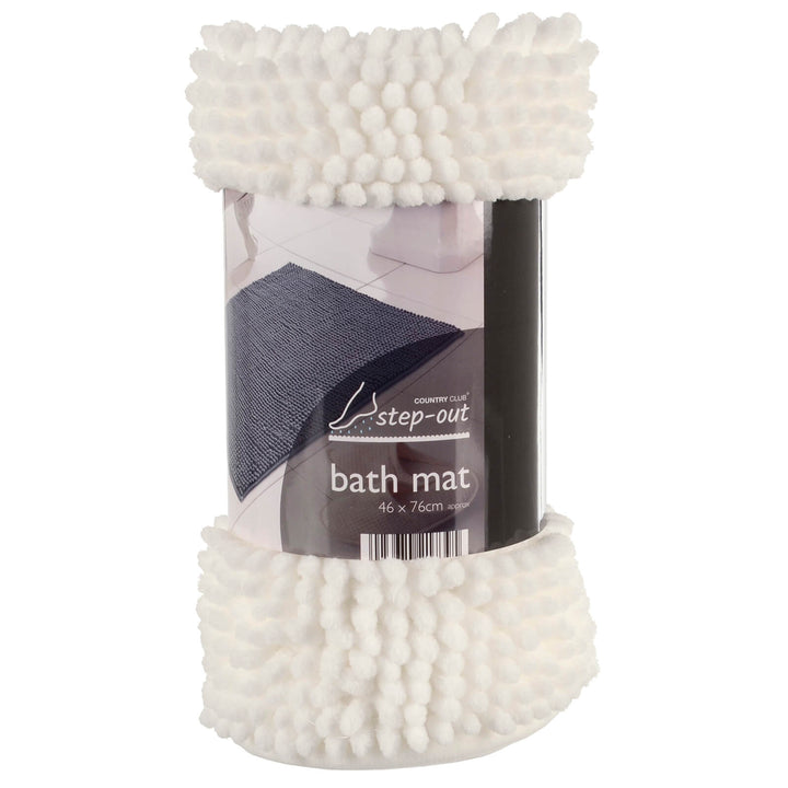 Step-Out Bath &amp; Shower Mat Shaggy Noodle Pile Fibre Non-Slip 46 x 76cm / White