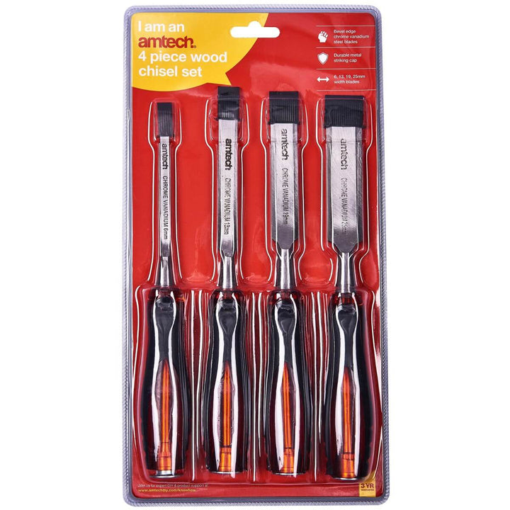 Amtech 4pc Wood Chisel Set Bevel Edge Chrome Vanadium Steel