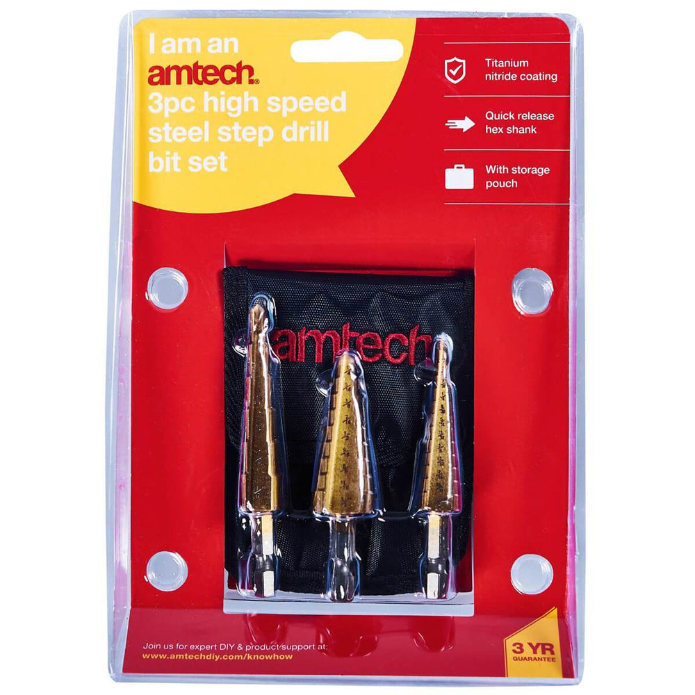 Amtech 3pc High Speed Steel Step Drill Bit Set Small Sizes