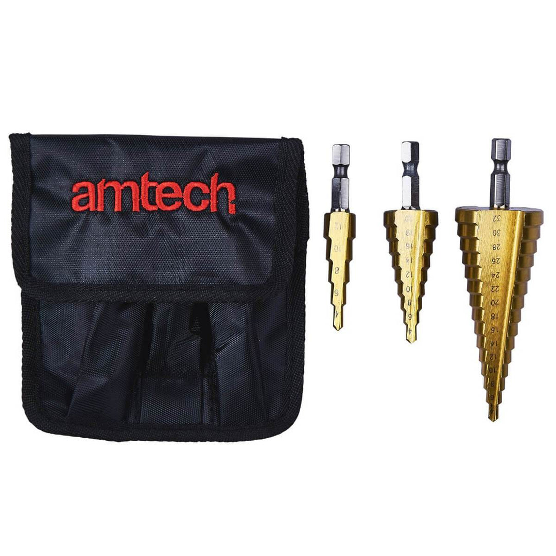 Amtech 3pc High Speed Steel Step Drill Bit Set Large Sizes