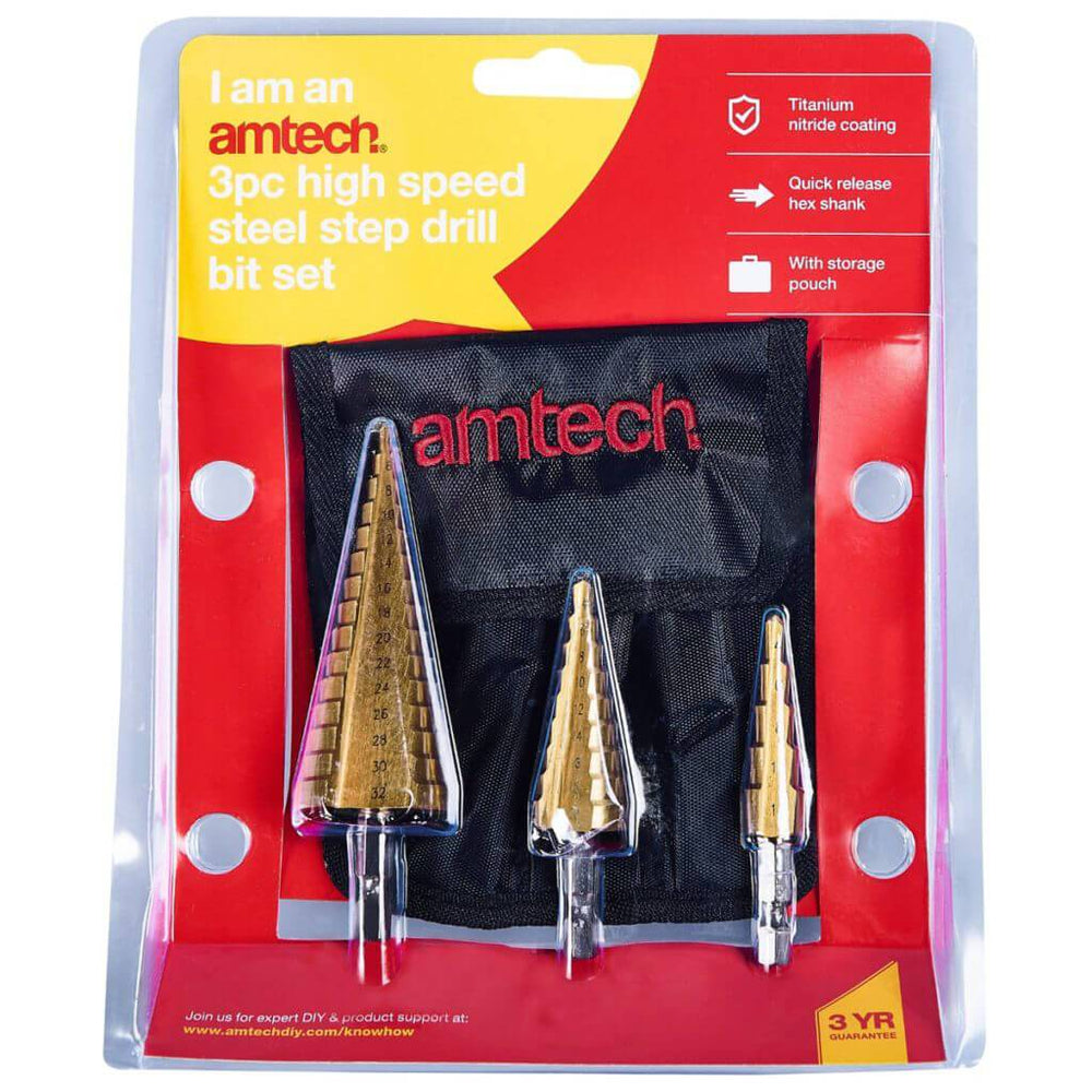 Amtech 3pc High Speed Steel Step Drill Bit Set Large Sizes