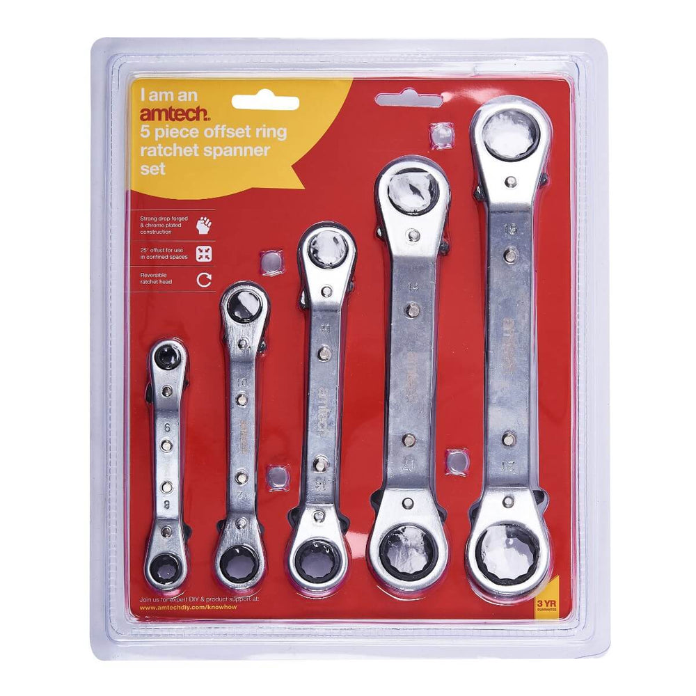 Amtech 5pc Offset Ring Ratchet Spanner Set Drop Chrome Plated