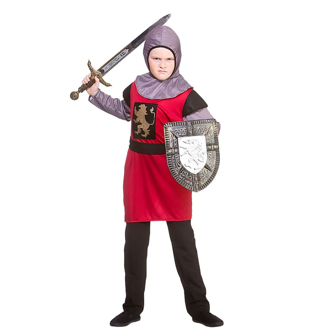 Kids Medieval Knight Costume Red Tunic Silver Hood Fancy Dress M