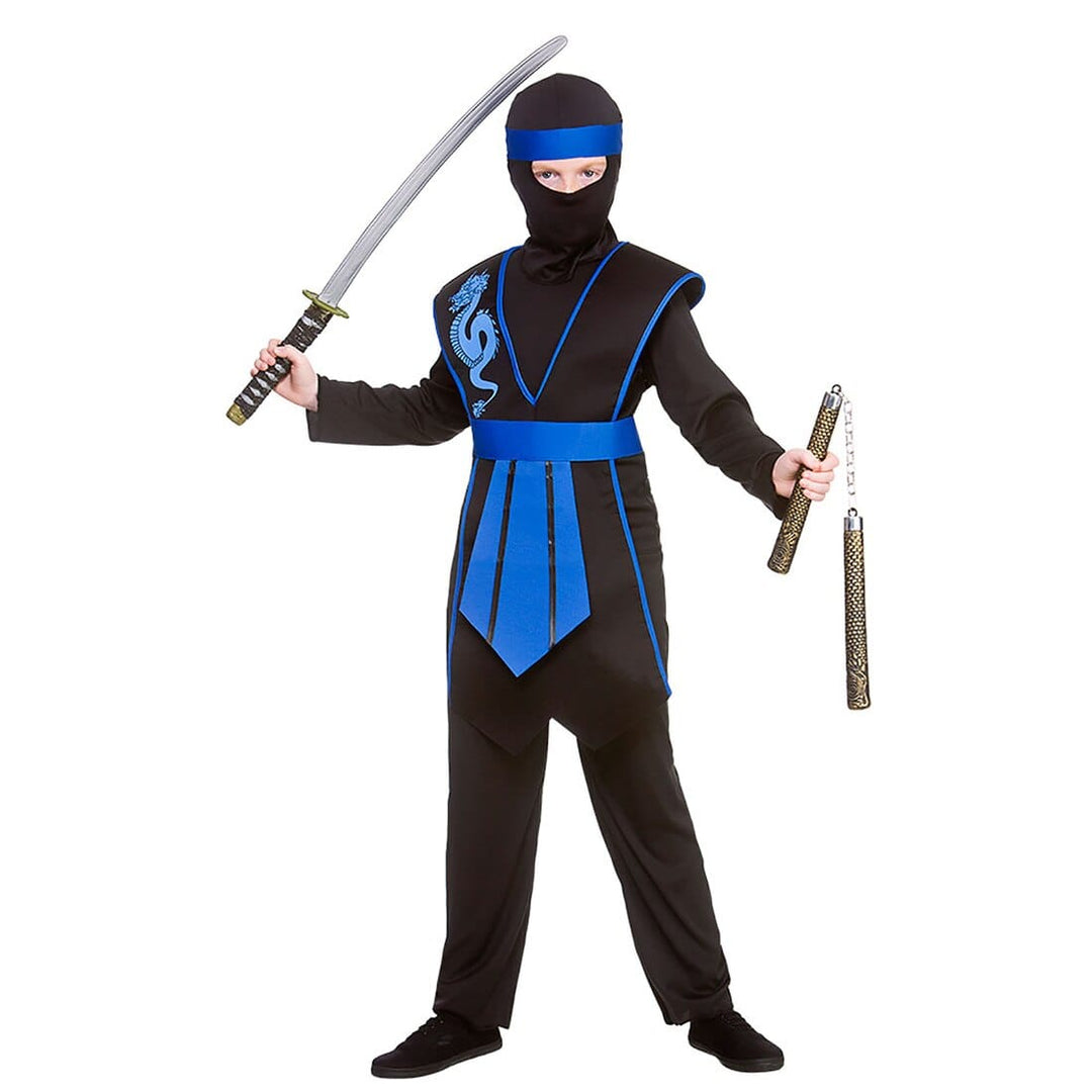 Kids Samurai Ninja Warrior Black Blue Dragon Fancy Dress M