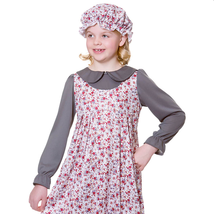 Victorian Girl Costume Floral Print Dress Mop Hat Historical