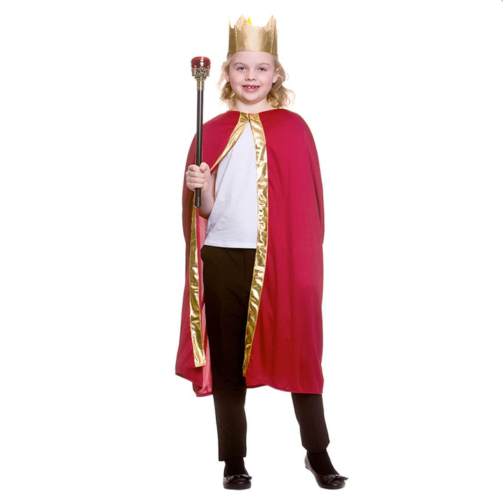 Childs King Queen Robe &amp; Crown Set Gold Trim Fancy Dress 85cm Red