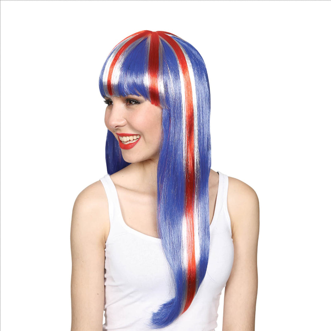 Adults GB Long Wig With Fringe Union Jack Team Royal Fancy Dress