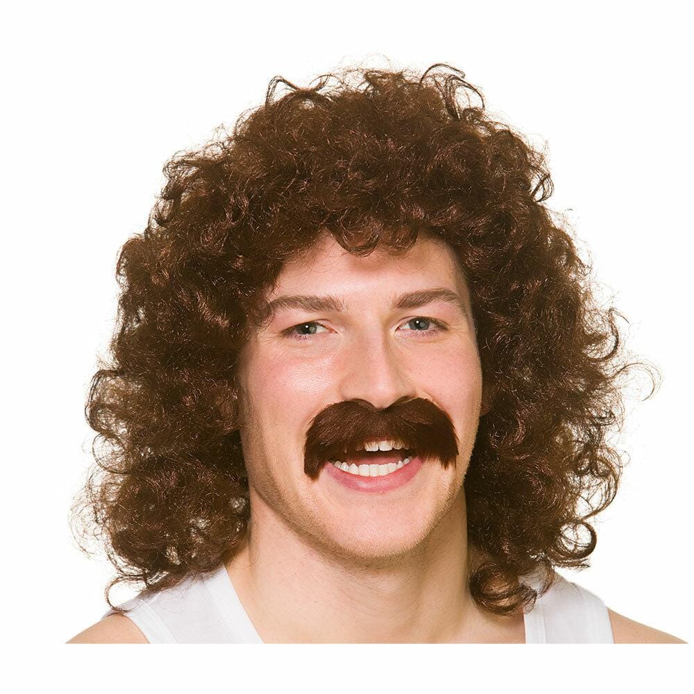 Brown Perm Wig With Tash Scouser 70s Fancy Dress Hair 118