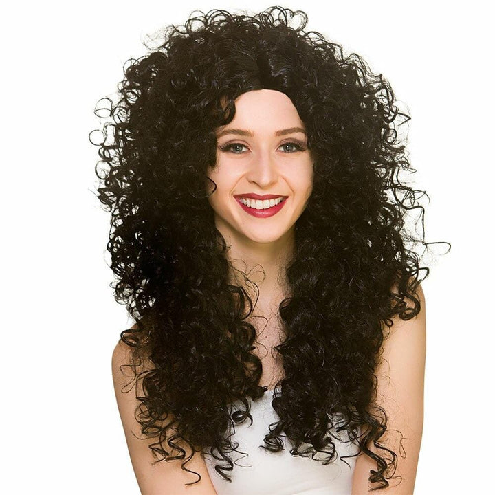 Long Curly Wig Fancy Dress 80s Hair Halloween Boogie Disco Black