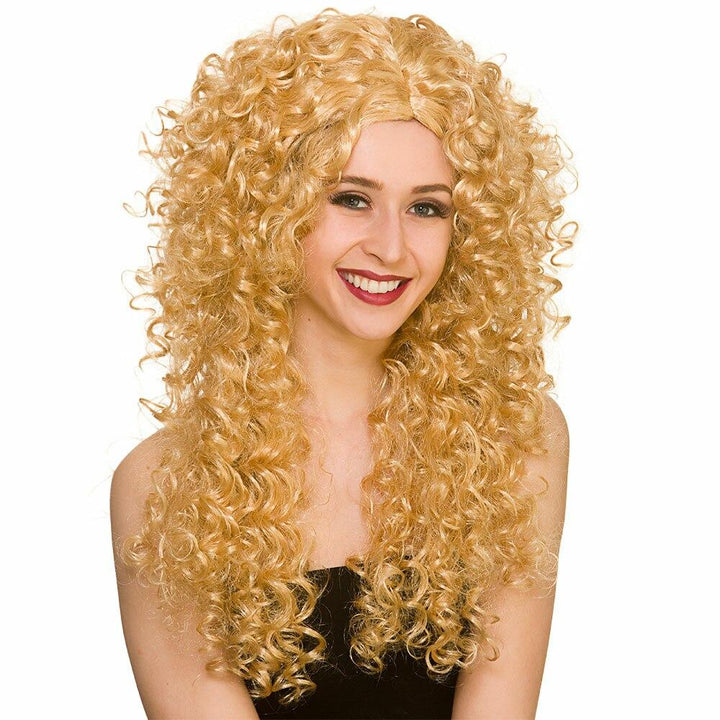 Long Curly Wig Fancy Dress 80s Hair Halloween Boogie Disco Blonde