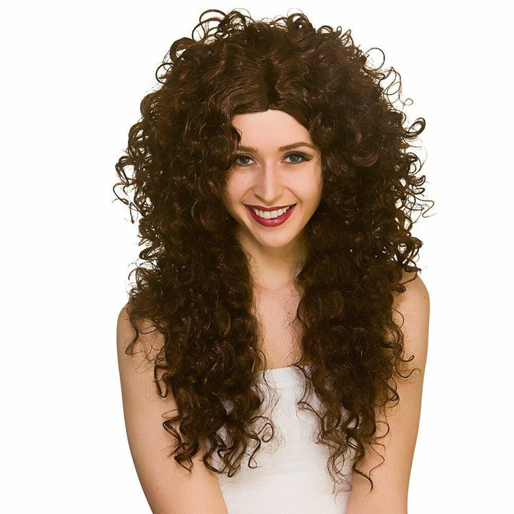 Long Curly Wig Fancy Dress 80s Hair Halloween Boogie Disco Brown