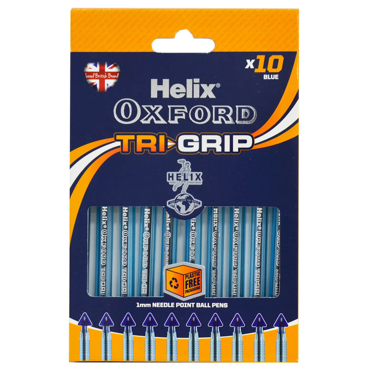 Pack Of 10 Blue Ink Tri-Grip Ball Pens Helix Oxford 1mm Needle Point