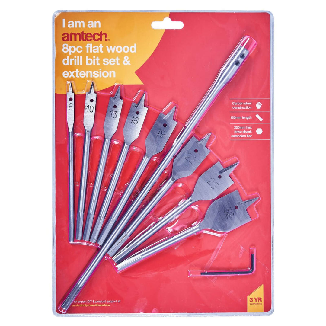 Amtech 8 Piece Flat Wood Bit Set And Extension