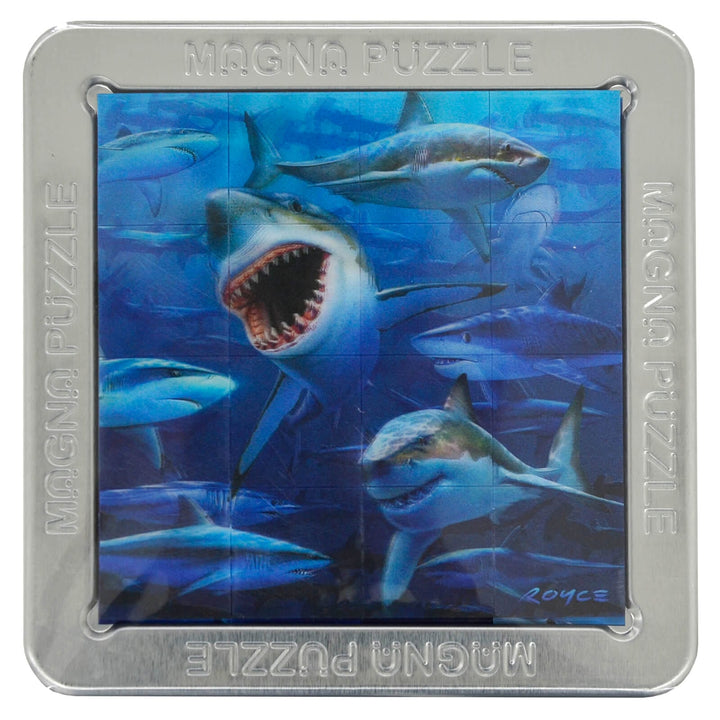 3D Picture Magna Puzzle Square Magnetic Tiles 16 Piece Tin 15cm Sharks