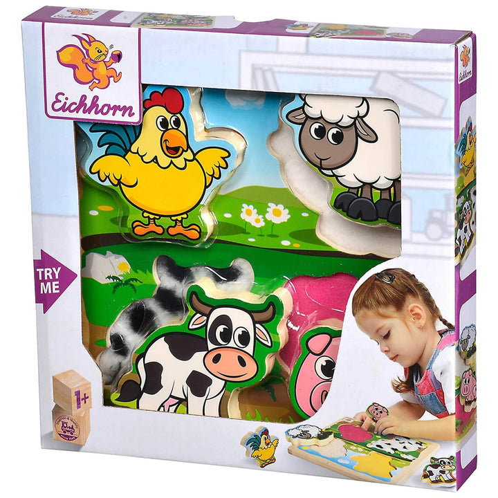 Eichhorn Wooden Puzzle Farm Animals with Fabric 5 Pieces Age 1+