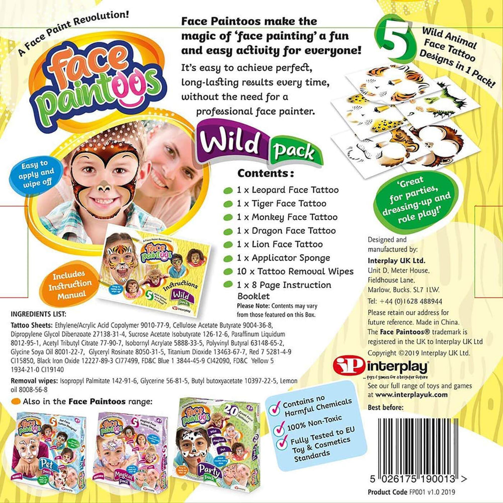 Face Paintoos Pack 5 Tattoos Designs Fancy Dress Fun Art