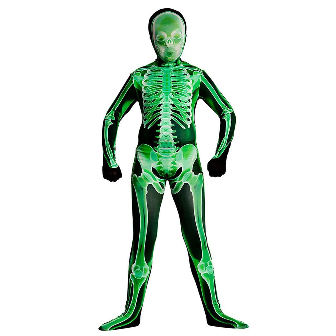 Kids X-Ray Skinz Green Skeleton Body Suit Fancy Dress Play L