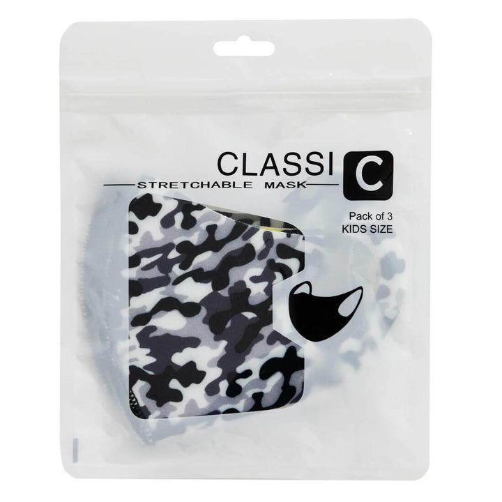 Pack of 3 Kids Washable Face Masks Stretch Fabric Camouflage