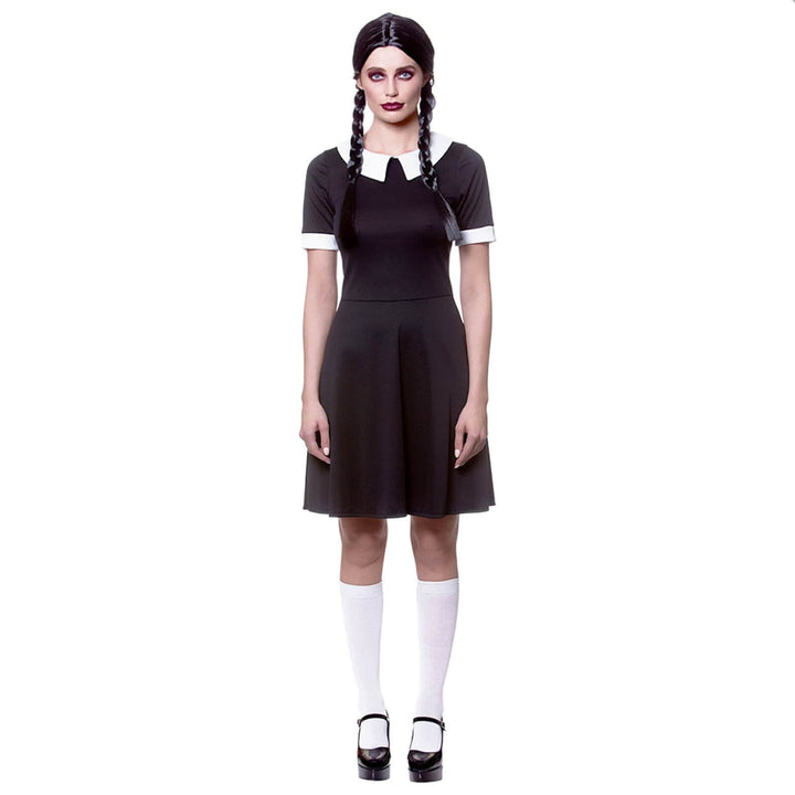 Womens Creepy School Girl Black Dress Wednesday Addams Costume