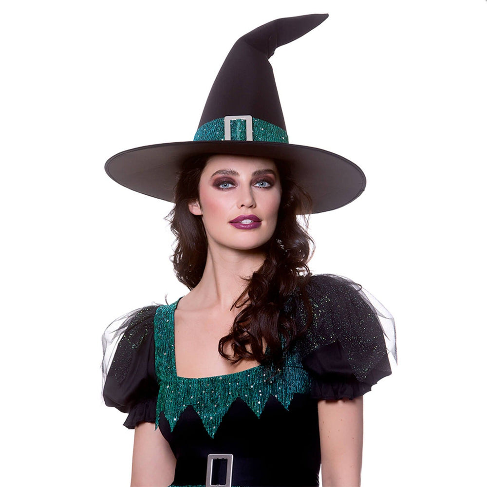 Womens Emerald Witch Costume Sequin Green Black Dress Hat Belt