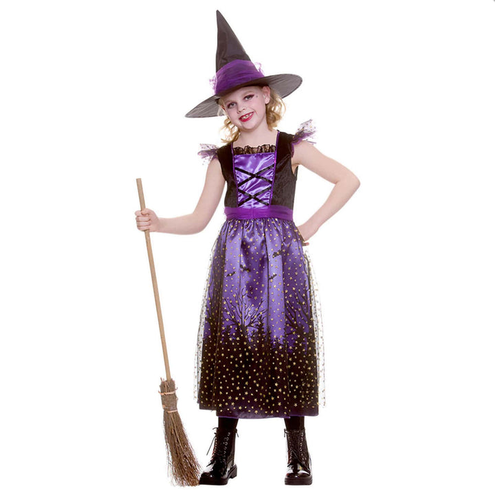 Girls Deluxe Enchanting Witch Costume Black Purple Dress Hat