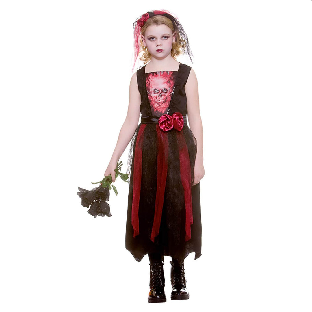 Girls Bride of the Dead Costume Black Red Dress Roses Veil