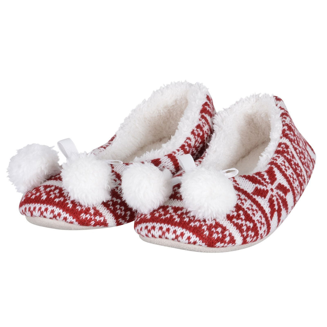 Womens Fair Isle Knit Ballet Slippers Pom Poms Fleece Red / 3-4