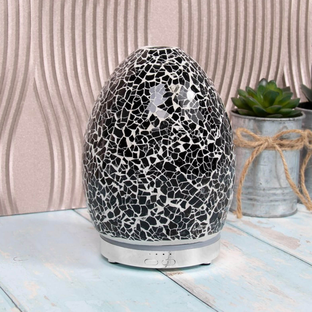 Aroma Humidifier Mosaic Egg Shape Colour Change LED Light 16cm Black