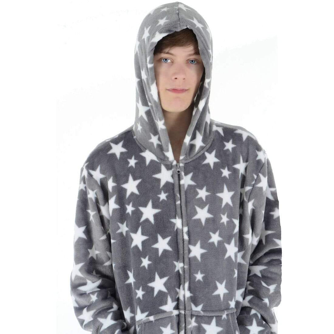 Mens All in One Pyjamas White Stars Hooded Fleece Nightwear