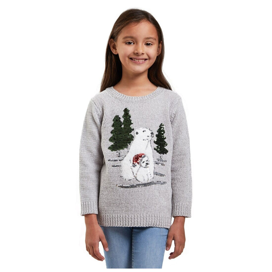 Girls Christmas Jumper Polar Bear Grey Chenille Xmas Top 3-4