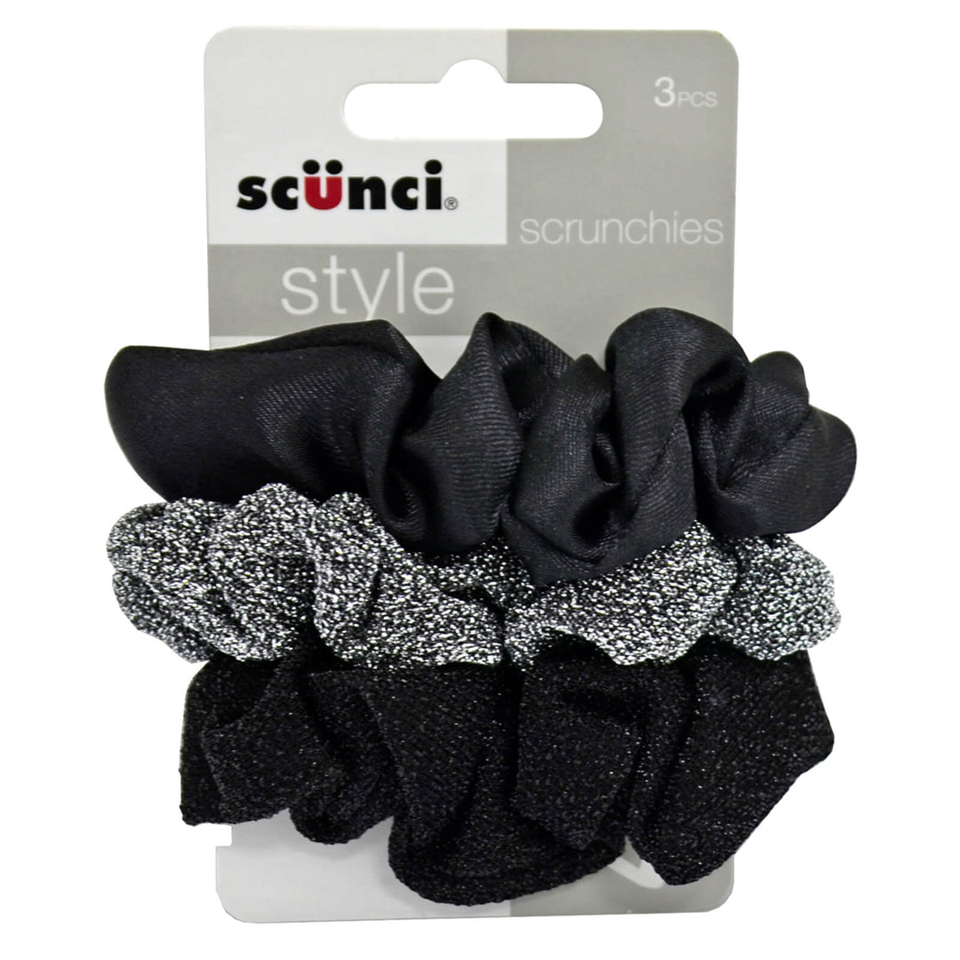 Scunci Style Pack Of 3 Glitter Scrunchies Hair Bands Black Silver