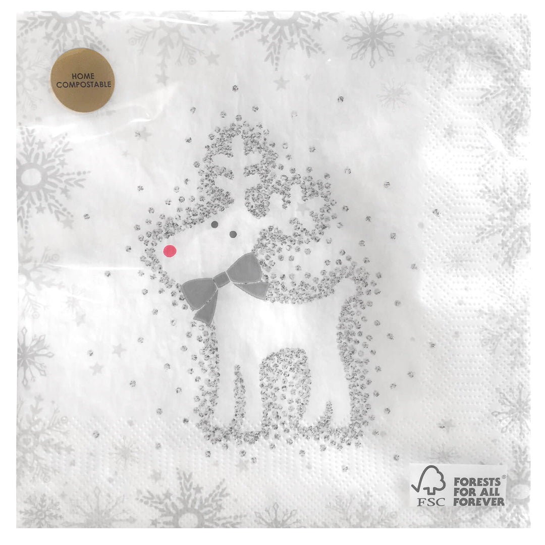 Pack Of 20 Christmas Reindeer Napkins Silver White Square 33cm