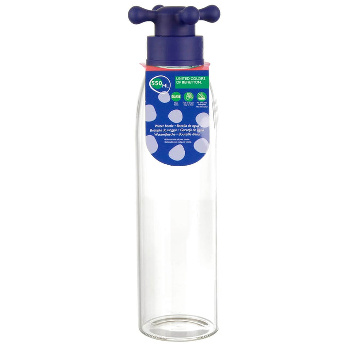 Benetton Water Bottle Borosilicate Glass Tap Handle Top 550ml Blue