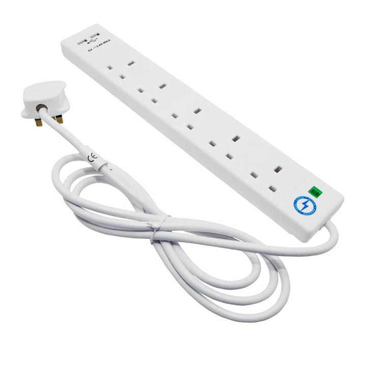 5 Socket 2 USB 2m Cable Surge Protected Extension Lead White