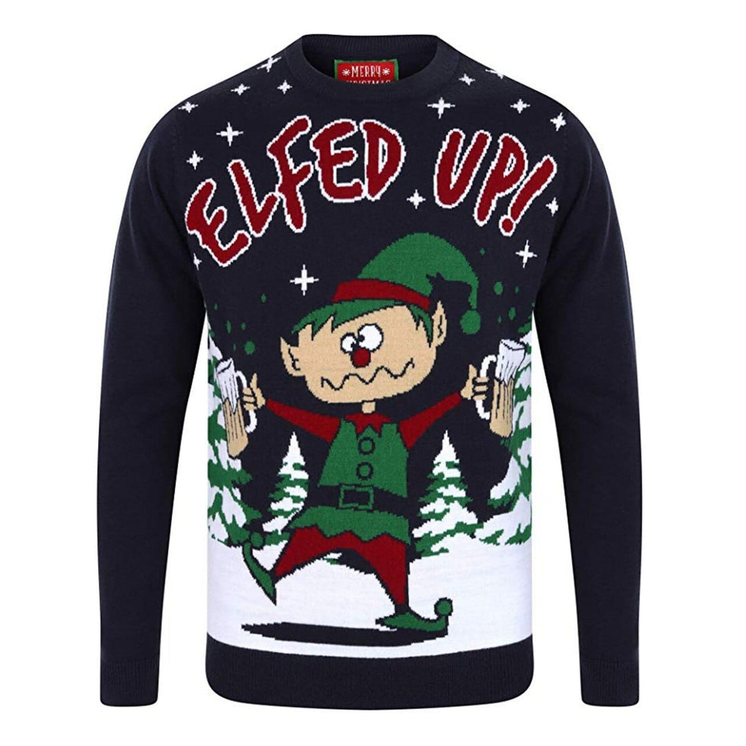 Mens Novelty Christmas Jumper Elfed Up Naughty Booze Elf Eclipse Blue / S